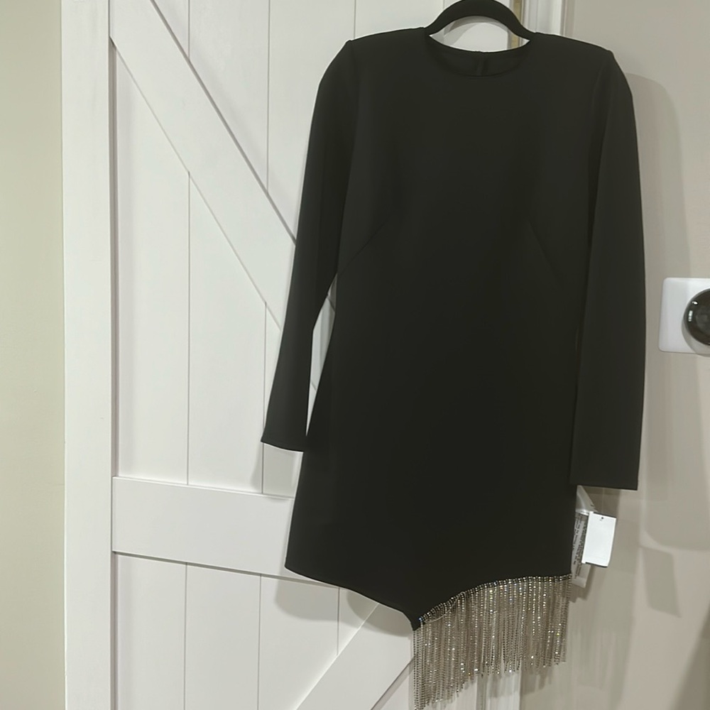 SHO black long sleeve dress with rhinestone fringe